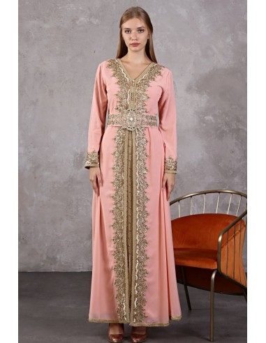 Caftan marocain Rose poudre Dore robe oriental Chic moderne AOUT22  - 1