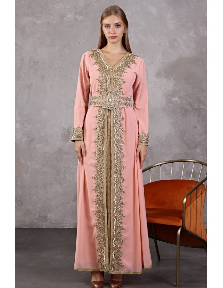 Caftan marocain Rose poudre Dore robe oriental Chic moderne AOUT22  - 1