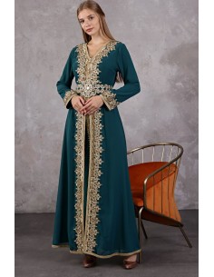 Caftan marocain VERT Dore robe oriental Chic moderne AOUT22  - 1
