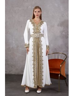 Caftan marocain Blanc Dore robe oriental Chic moderne AOUT22  - 2