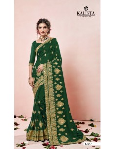 Sari indien Gulkand prêt à porter Vert et dore  - 1