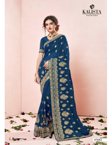 Sari indien Gulkand prêt à porter Bleu et dore  - 1