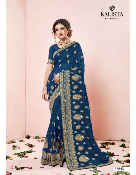 Sari indien Gulkand prêt à porter Bleu et dore  - 1