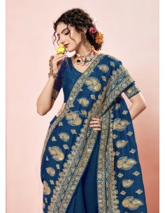 Sari indien Gulkand prêt à porter Bleu et dore  - 1 2