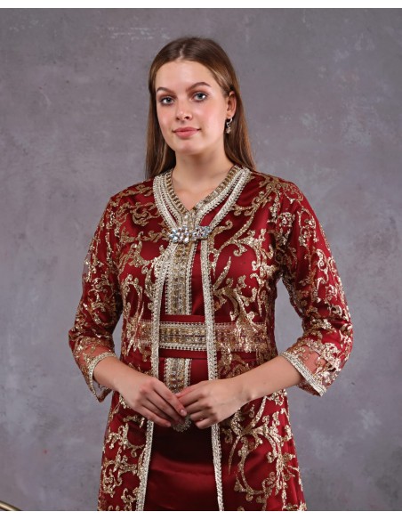 Caftan marocain Rouge Bordeaux Dore robe oriental SEP22  - 3