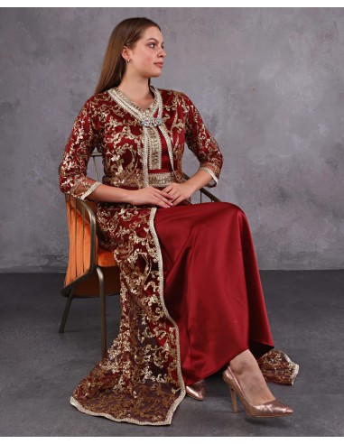 Caftan marocain Rouge Bordeaux Dore robe oriental SEP22  - 2