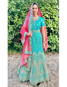Robe indienne Brodé Haute Gamme ZAY Bleu turquoise et rose  - 1