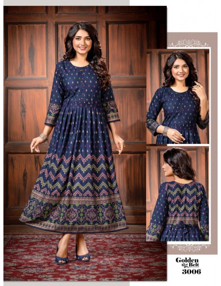 Robe longue Kurti Golden belt Tunique indienne bleu marine  - 1