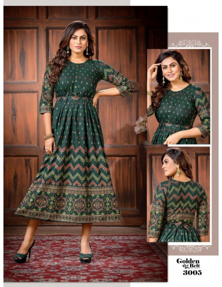 Robe longue Kurti Golden belt Tunique indienne Vert  - 1