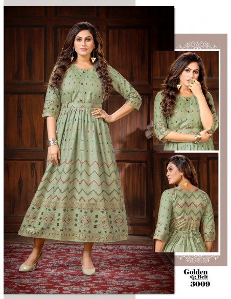 Robe longue Kurti Golden belt Tunique indienne Vert pistache  - 1