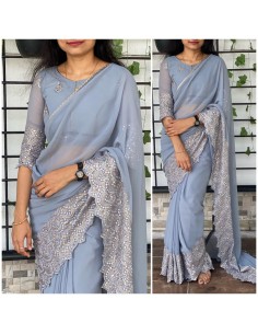 Sari indien Bhavish prêt à porter gris  - 1