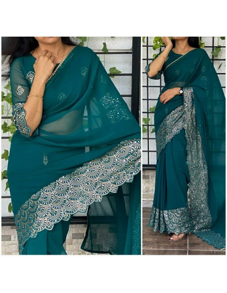 Sari indien Bhavish prêt à porter Vert paon  - 1