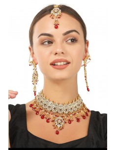 Parure Bijoux indiens Bollywood doré rouge  - 1