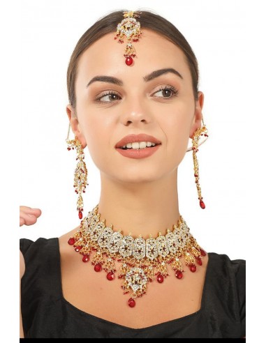 Parure Bijoux indiens Bollywood doré rouge  - 1