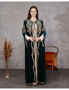 Caftan velours marocain Vert Dore robe oriental SEP22  - 1