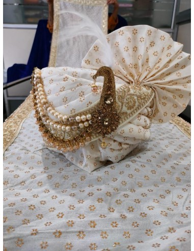Chapeau traditionnel indien Pagdi Turban indienne avec étole blanc dore  - 2