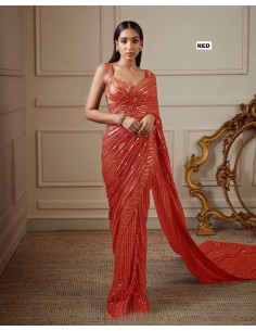 Sari indien Dhruva prêt à porter Rouge  - 1