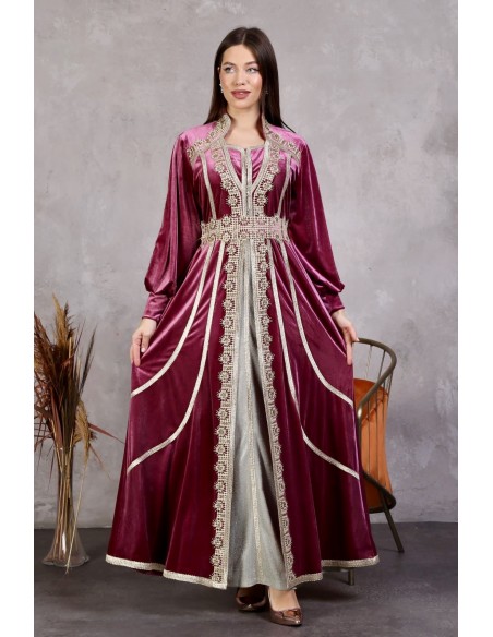 Caftan marocain Velours Rose poudre dore robe oriental moderne DC22  - 1