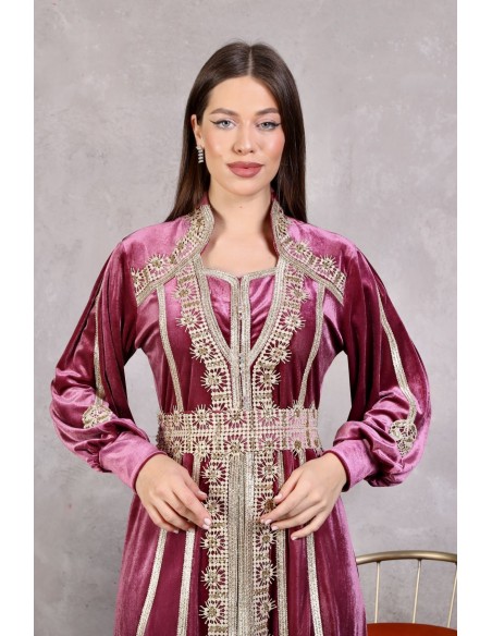 Caftan marocain Velours Rose poudre dore robe oriental moderne DC22  - 2
