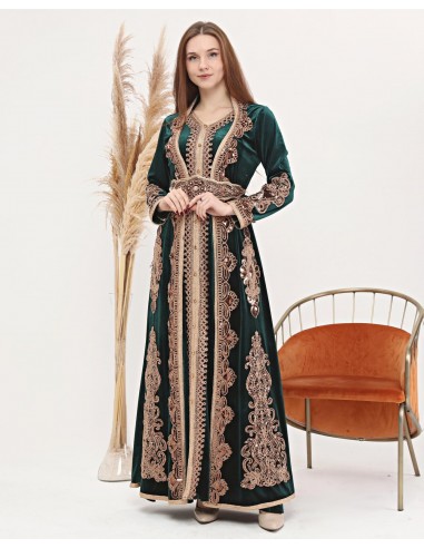 Caftan marocain VERT Dore robe oriental Chic moderne Luxe DC22  - 1