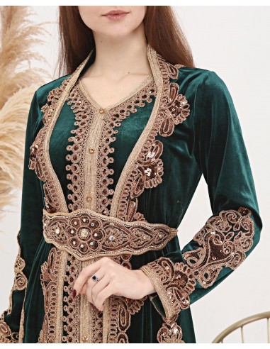 Caftan marocain VERT Dore robe oriental Chic moderne Luxe DC22  - 3
