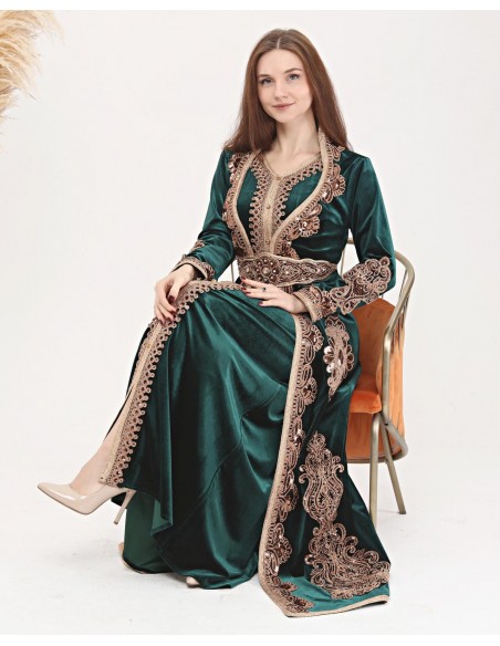 Caftan marocain VERT Dore robe oriental Chic moderne Luxe DC22  - 4