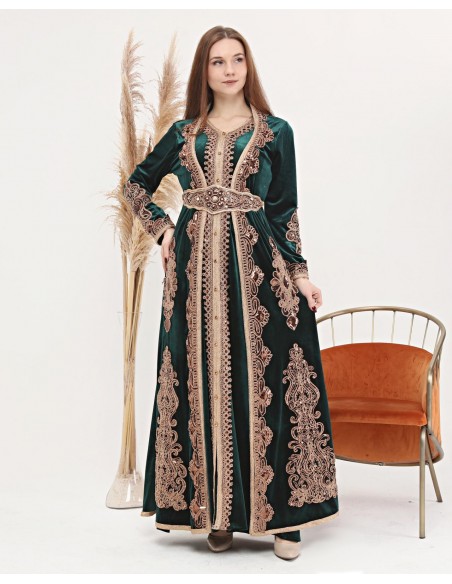 Caftan marocain VERT Dore robe oriental Chic moderne Luxe DC22  - 5
