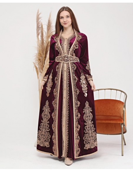 Caftan marocain Prune Dore robe oriental Chic moderne Luxe DC22  - 1