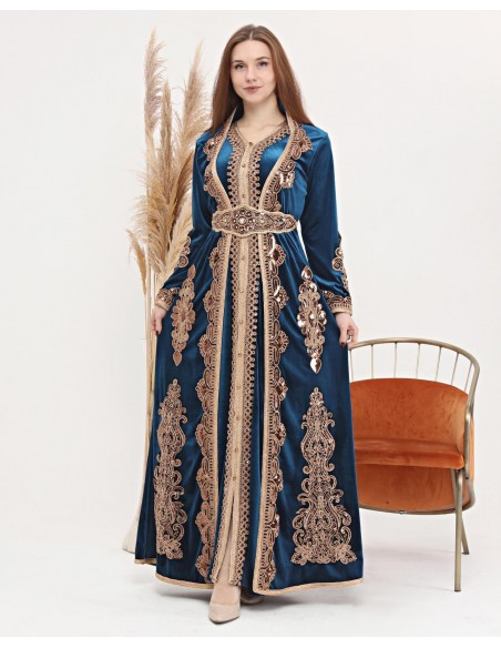 Caftan marocain Bleu Dore robe oriental Chic moderne Luxe DC22  - 1