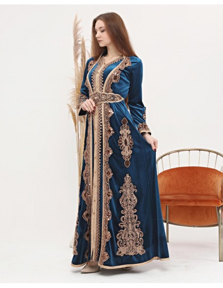 Caftan marocain Bleu Dore robe oriental Chic moderne Luxe DC22  - 5