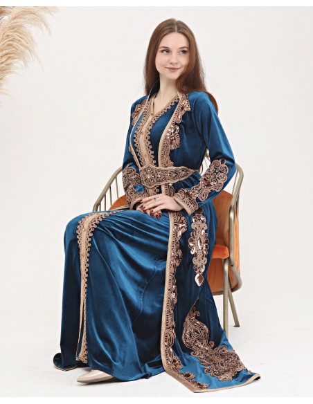 Caftan marocain Bleu Dore robe oriental Chic moderne Luxe DC22  - 4