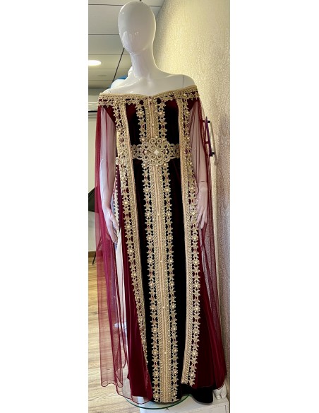 Caftan marocain robe oriental Chic moderne Luxe Rouge bordeaux NV22  - 1