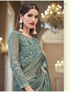 Sari indien Anmol prêt à porter Vert kaki  - 1 2