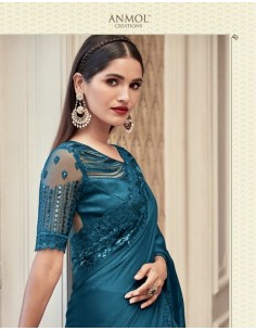 Sari indien Anmol prêt à porter Bleu paon  - 1 2