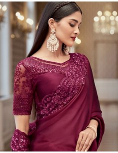 Sari indien Anmol prêt à porter bordeaux lie de vin  - 1 2