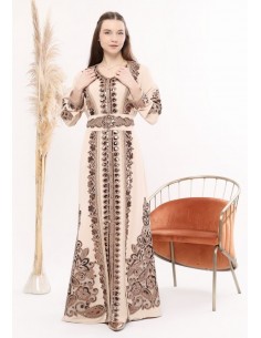 Caftan marocain robe oriental Chic moderne Luxe Beige blanc FV23  - 1