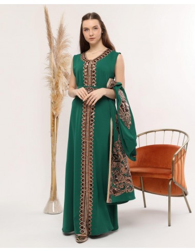 Caftan marocain robe oriental Chic moderne Luxe Vert Dore FV23  - 1