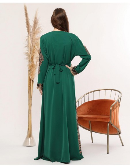 Caftan marocain robe oriental Chic moderne Luxe Vert Dore FV23  - 3