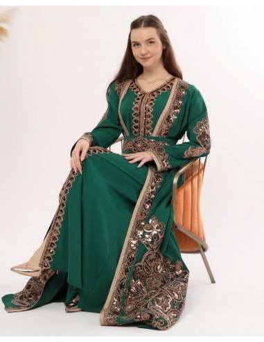 Caftan marocain robe oriental Chic moderne Luxe Vert Dore FV23  - 4