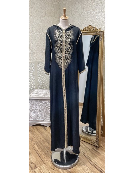 Djellaba robe longue a capuche noir perlée strass  - 1