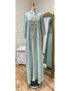 Djellaba robe longue a capuche bleu pastel perlée strass  - 2