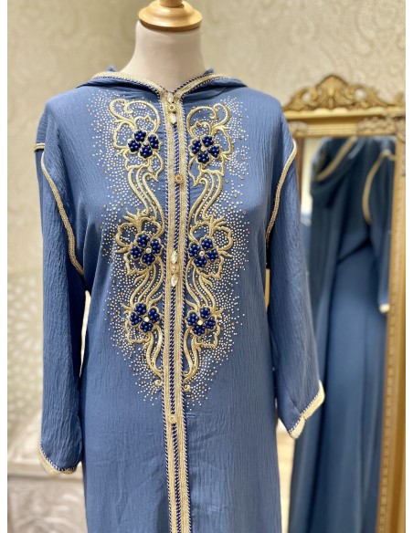 Djellaba robe longue a capuche bleu perlée strass  - 2
