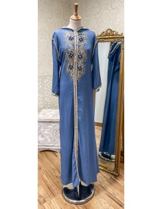 Djellaba robe longue a capuche bleu perlée strass  - 1