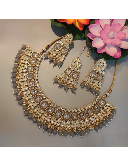 Parure Bijoux indiens bollywood Seema Gris et dore  - 1