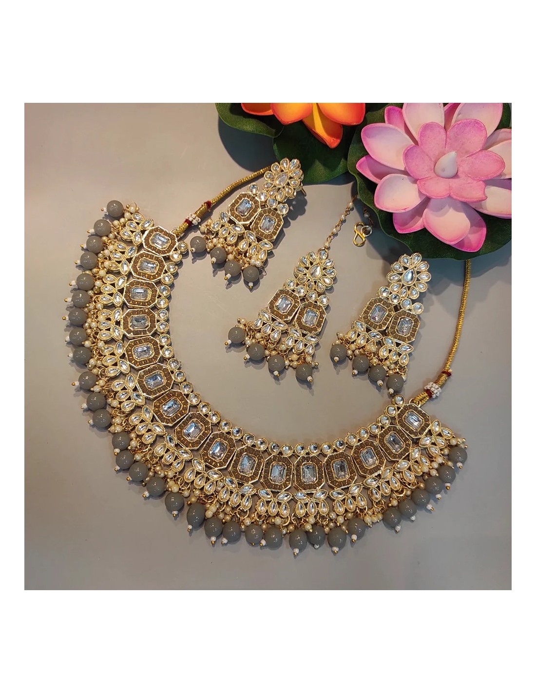 Parure Bijoux indiens bollywood Seema Gris et dore Bijoux indiens