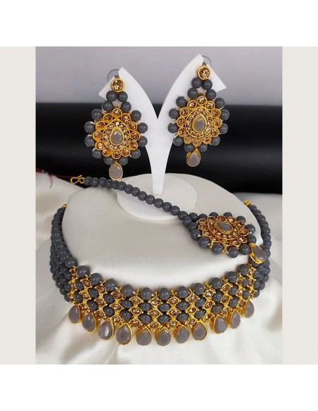 Parure Bijoux indiens bollywood Varsha gris et dore  - 1