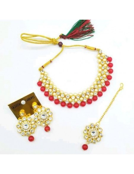 PARURE BIJOUX INDIENNE Rania Doré Rouge  - 1