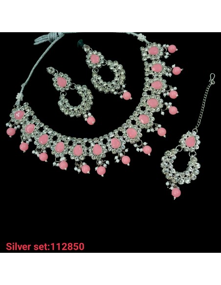 Parure Bijoux indiens Argenté Nesha Rose  - 1