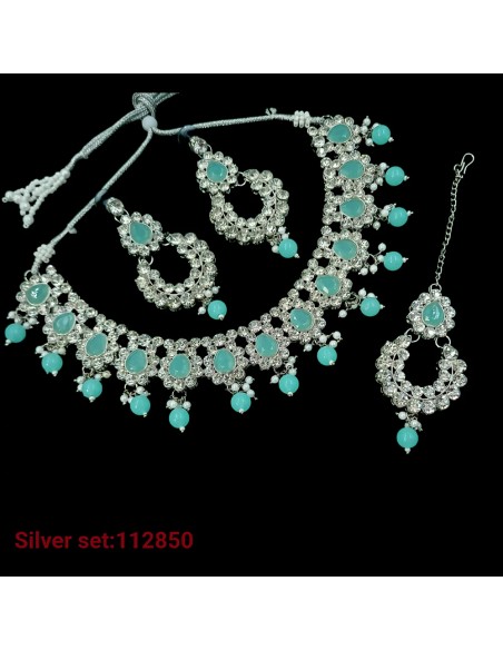 Parure Bijoux indiens Argenté Nesha Bleu  - 1