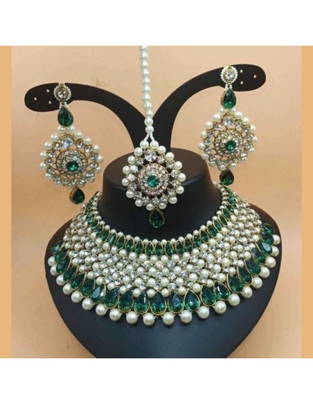 Parure Bijoux indiens Argenté Meena Vert  - 1